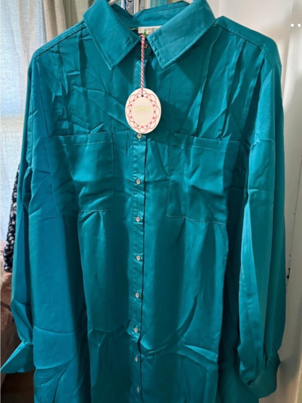 Teal Satin Button-Up Dress
